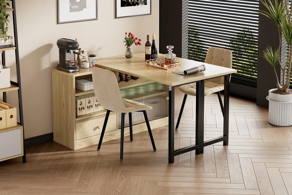 Sweiko Table à manger pliante extensible avec rangement Noir et Nature - 3