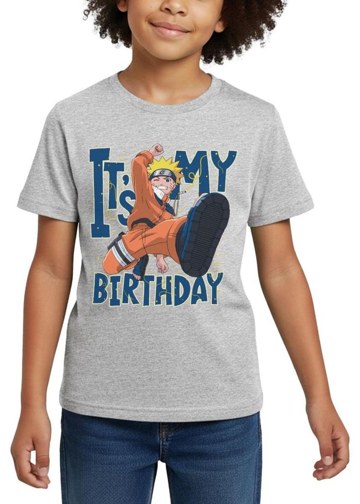 Spreadshirt Naruto It's My Birthday Geburtstags-Design Kinder T-Shirt, 122/128 (7-8 Jahre), Grau meliert