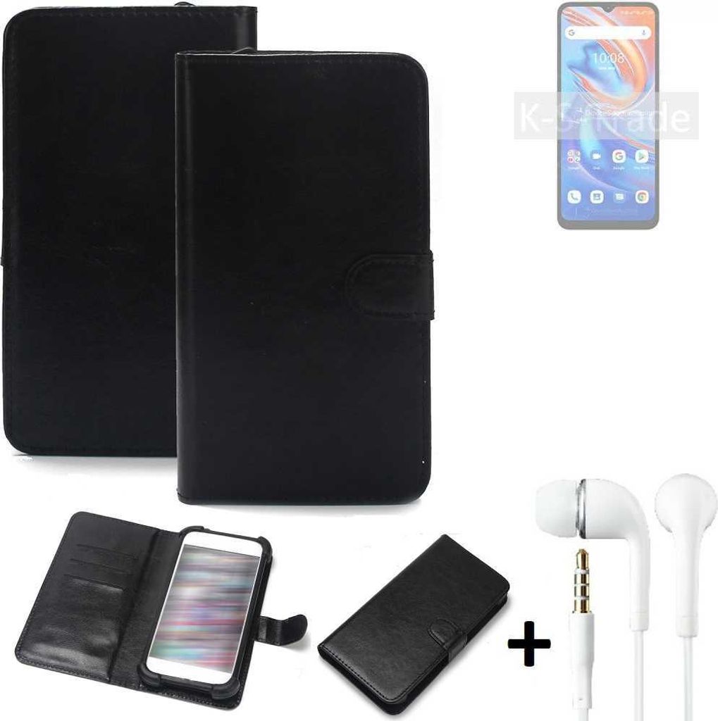 K-S-Trade Wallet Case Handyhülle kompatibel mit UMIDIGI A13S Schutzhülle Flip cover Flipstyle Tasche Hülle Flipcover Slim Bumper schwarz + in ear