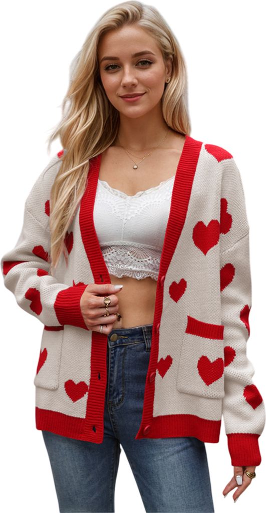 ASKSA Damen Strickjacken V-Ausschnitt Herz Gedruckt Valentinstag Suesser Strickcardigan Herbst Winter Cardigan Pullover (Aprikose,L)