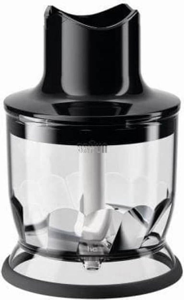 A close-up studio shot of a food chopper attachment for a hand blender.