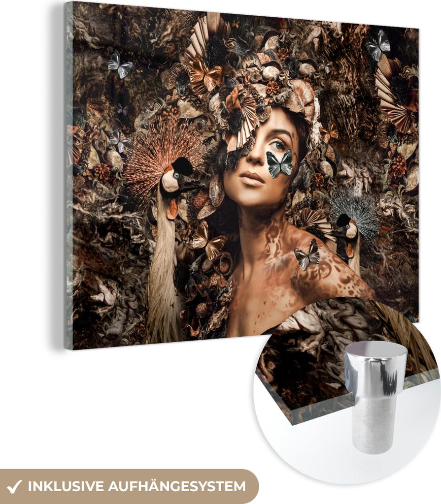 MuchoWow Glasbilder - Bilder auf Wandbild - Foto auf Glas Luxus - Frau - Tiere - Schmetterlinge - Vögel 80x60 cm Wanddekoration aus Glas - Acrylgl...