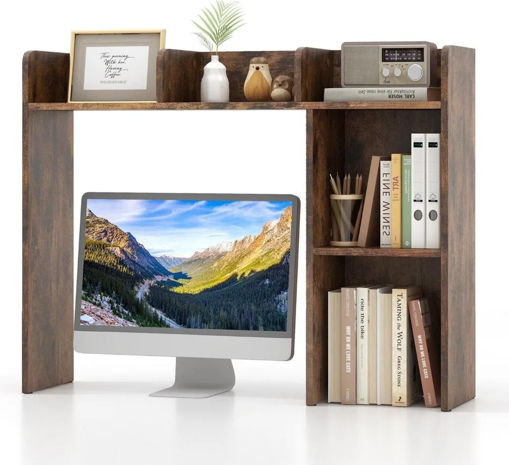Étagère de bureau 4 niveaux marron rustique avec compartiment ouvert 74cm