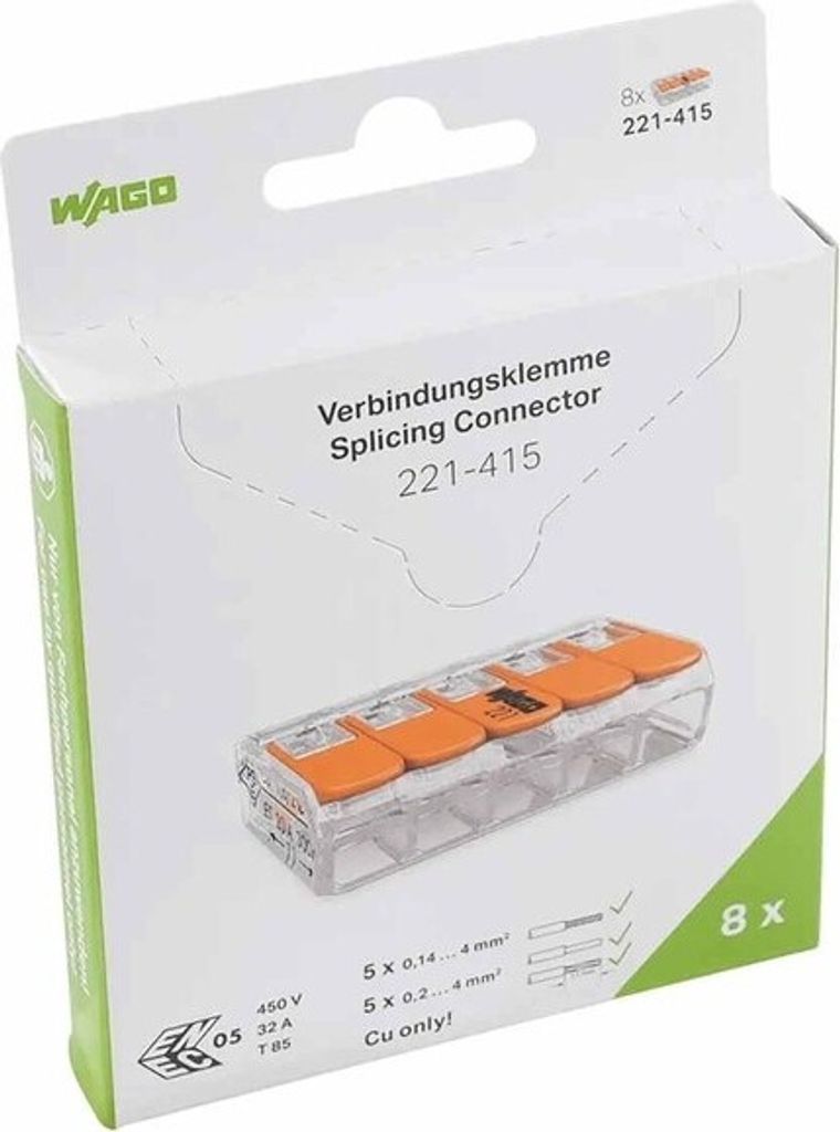 Wago -Verbindungsklemme 5 - Fall Bis 4 Mm² - 221-415 - 8 Stücke In Blasen