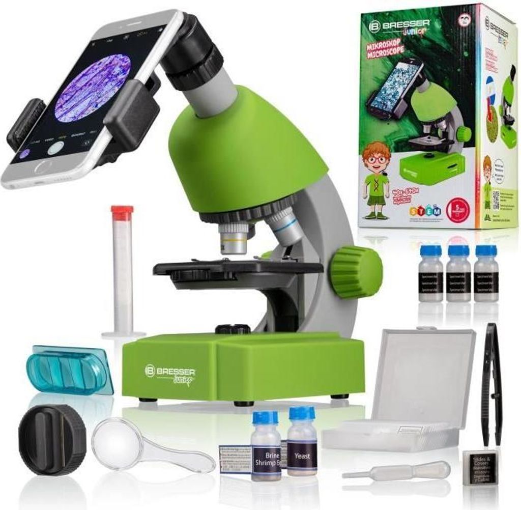 Mikroskop, 40x-640x Vergrößerung, LED Beleuchtung, BRESSER JUNIOR, Inkl. Experimentier-Set, Grün