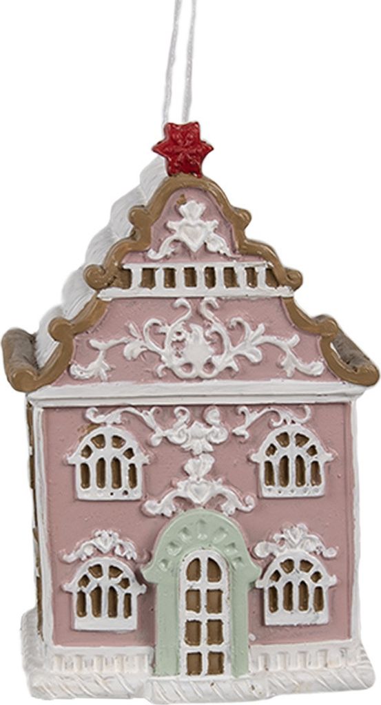 Clayre & Eef Weihnachtsanhänger Lebkuchenhaus 6x4x9 cm Rosa Polyresin