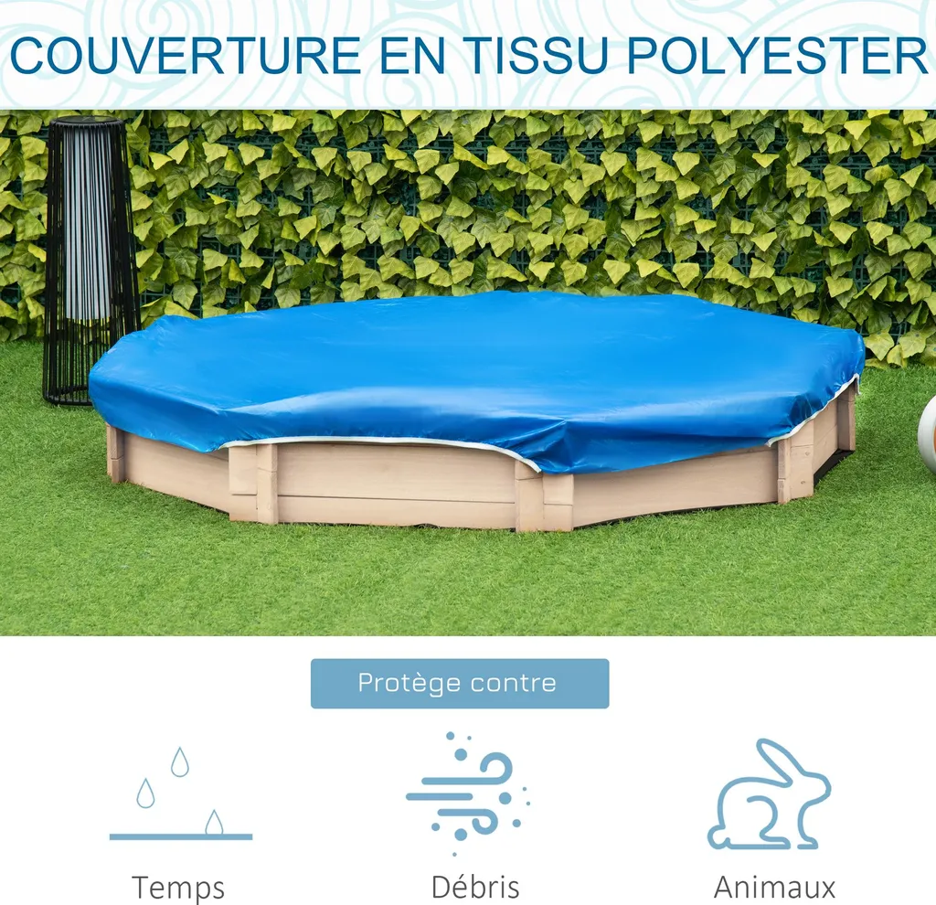 Outsunny Bac à Sable Octogonal en Bois Massif 140cm avec Bancs et Bâche