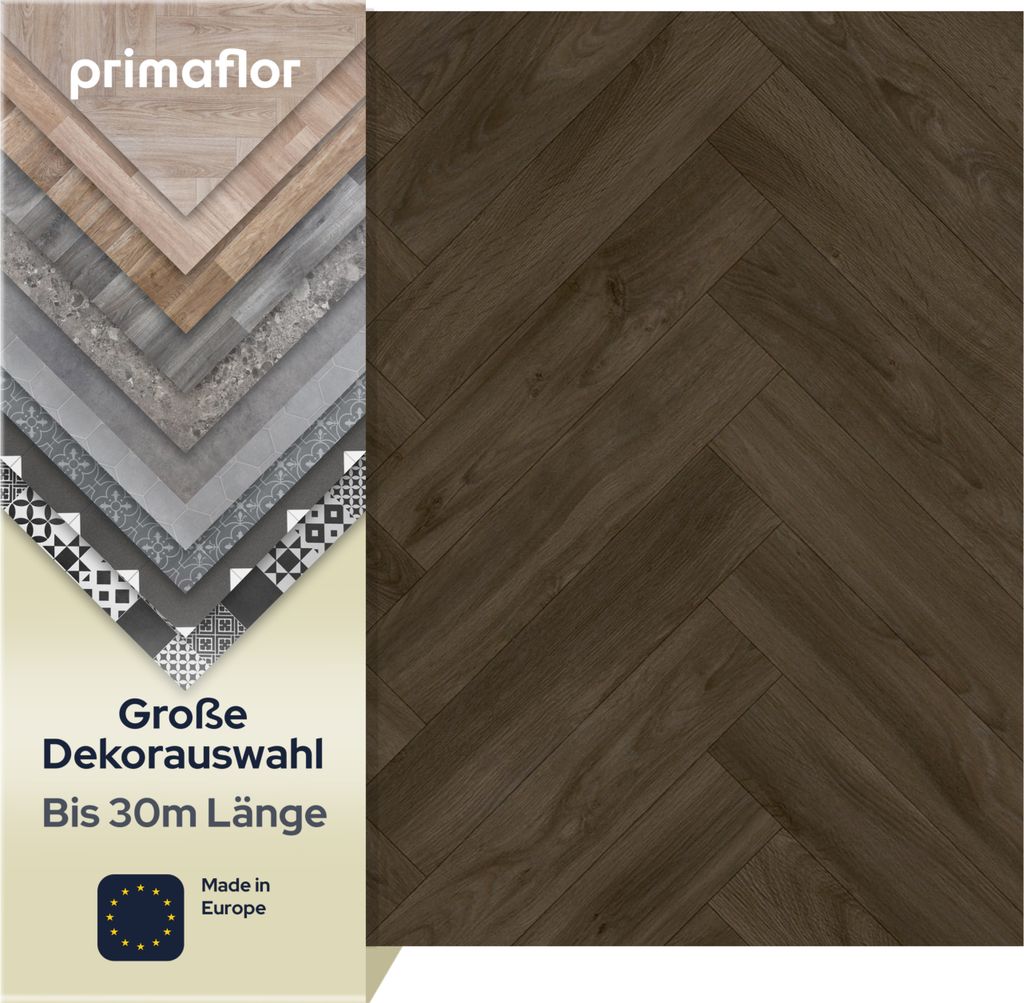 Primaflor PVC Bodenbelag TURVO - Eiche dunkel Fischgrätdekor - 2,00m x 1,50m - Meterware - Vinyl-Boden in Holzoptik für Küche, Wohn- und Badezim...
