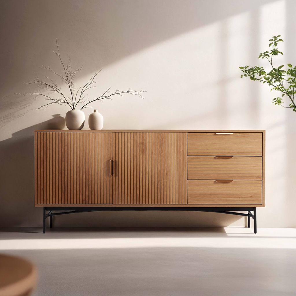 Buffet 2 Türen und 3 Schubladen aus Melamin und Stahl 160 cm beige - Oviala Gabin