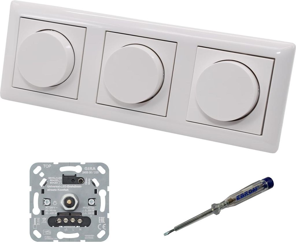 GIRA 245500 (3 Stück) LED Drehdimmer Dimmer + Dimmerscheiben Zentralscheiben 065003 in System55 reinweiß glänzend im 3-fach Rahmen inkl. EBROM P...