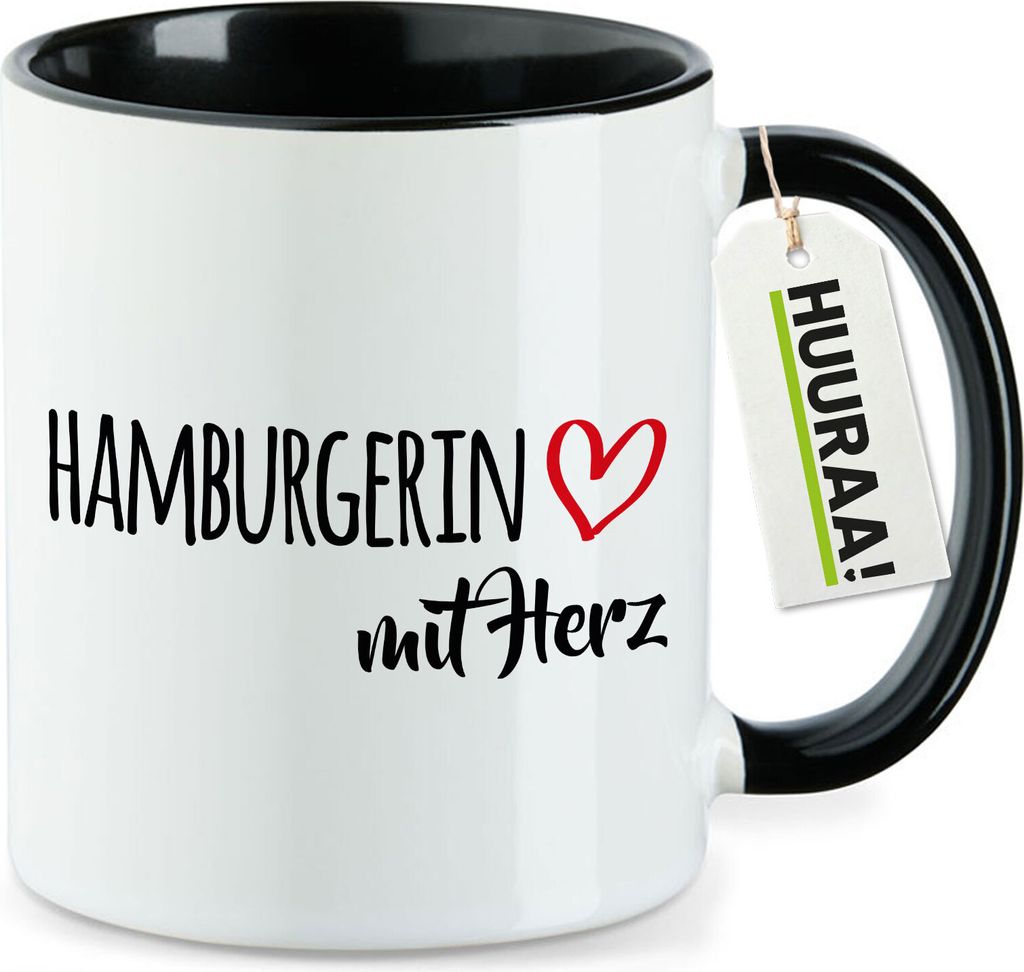 Huuraa Kaffeetasse Hamburgerin mit Herz 330ml Schwarz Keramik Kaffeebecher Geschenkidee