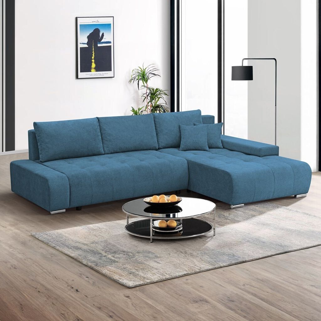 Ecksofa DRACO L mit Schlaffunktion & Bettkasten, Velo in Dunkelblau, Ottomane Rechts