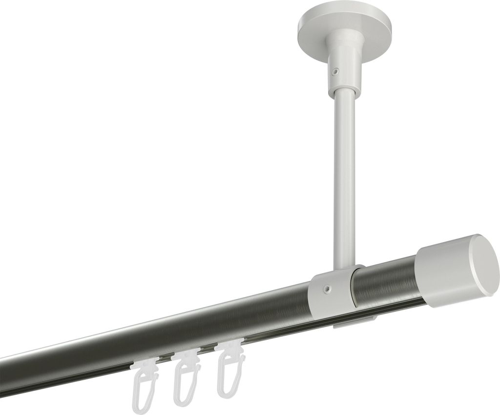 Interdeco Innenlaufstange / Gardinenstange mit Innenlauf Edelstahl-Optik / Weiß, Typ Sonette Santo (Kappe) Deckenmontage, 20 mm Ø 1-läufig, 440 cm