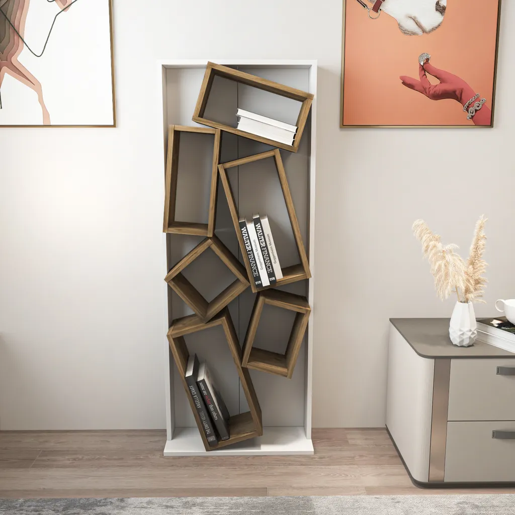 Bibliothèque Décorative pour Livres et Objets Carmen Blanc et Noyer