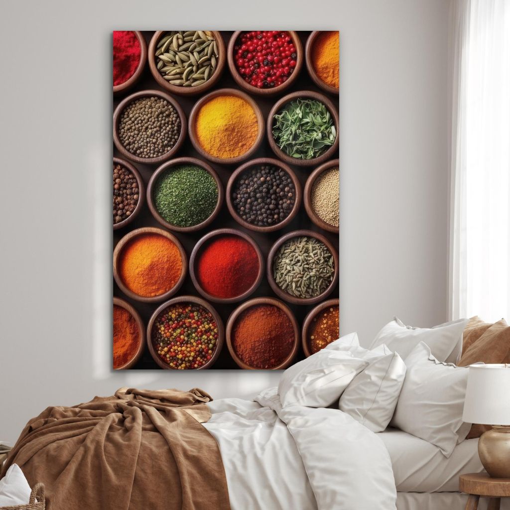 MuchoWow Wanddekoration Metall Metallbild Wandkunst 100x150 cm Tabletts - Holz - Kräuter - Farbenfroh MuchoWow Aluminium Gemälde - Bild