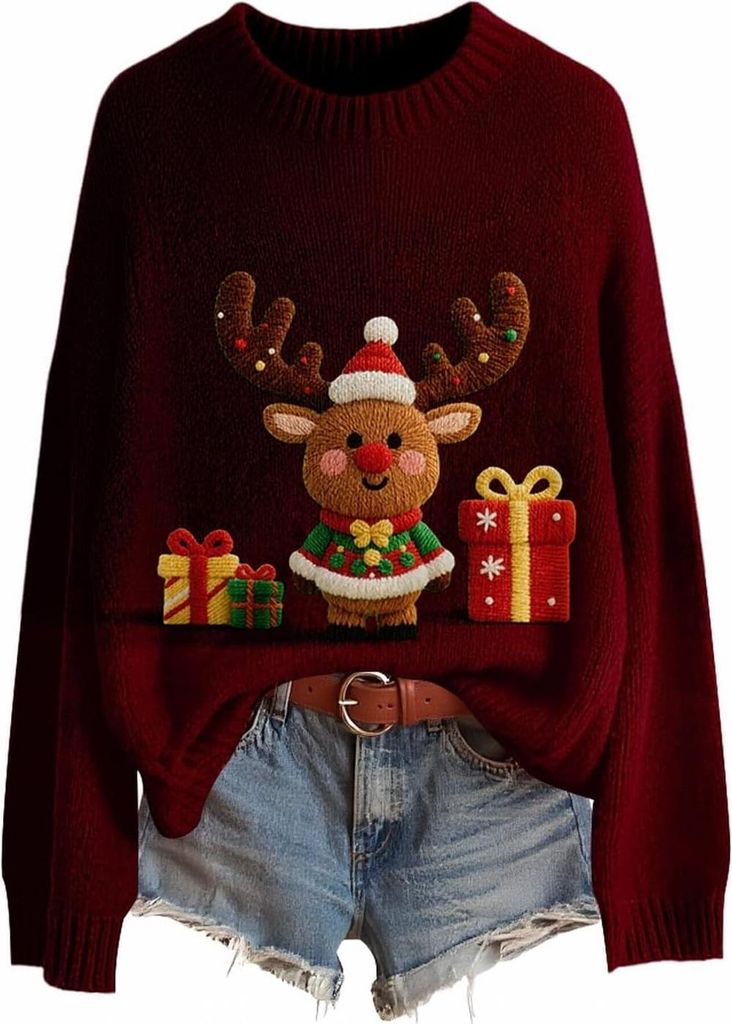 ASKSA Damen Weihnachtspullover,Strickpullover Rundhals Pulli Sweater Herbst Winter Warm Strickpulli Weihnachtspulli (C-Rotwein,XXL)