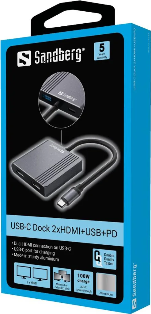 Adaptateur Hub USB-C Multiport Sandberg vers Double HDMI et USB-A Argent