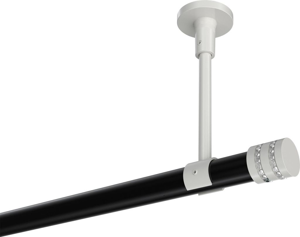 Interdeco Gardinenstange / Vorhangstange Schwarz / Weiß, Typ Sonette Estana (Glitzerkappe) ohne Ringe, Deckenmontage, 20 mm Ø 1-läufig, 120 cm