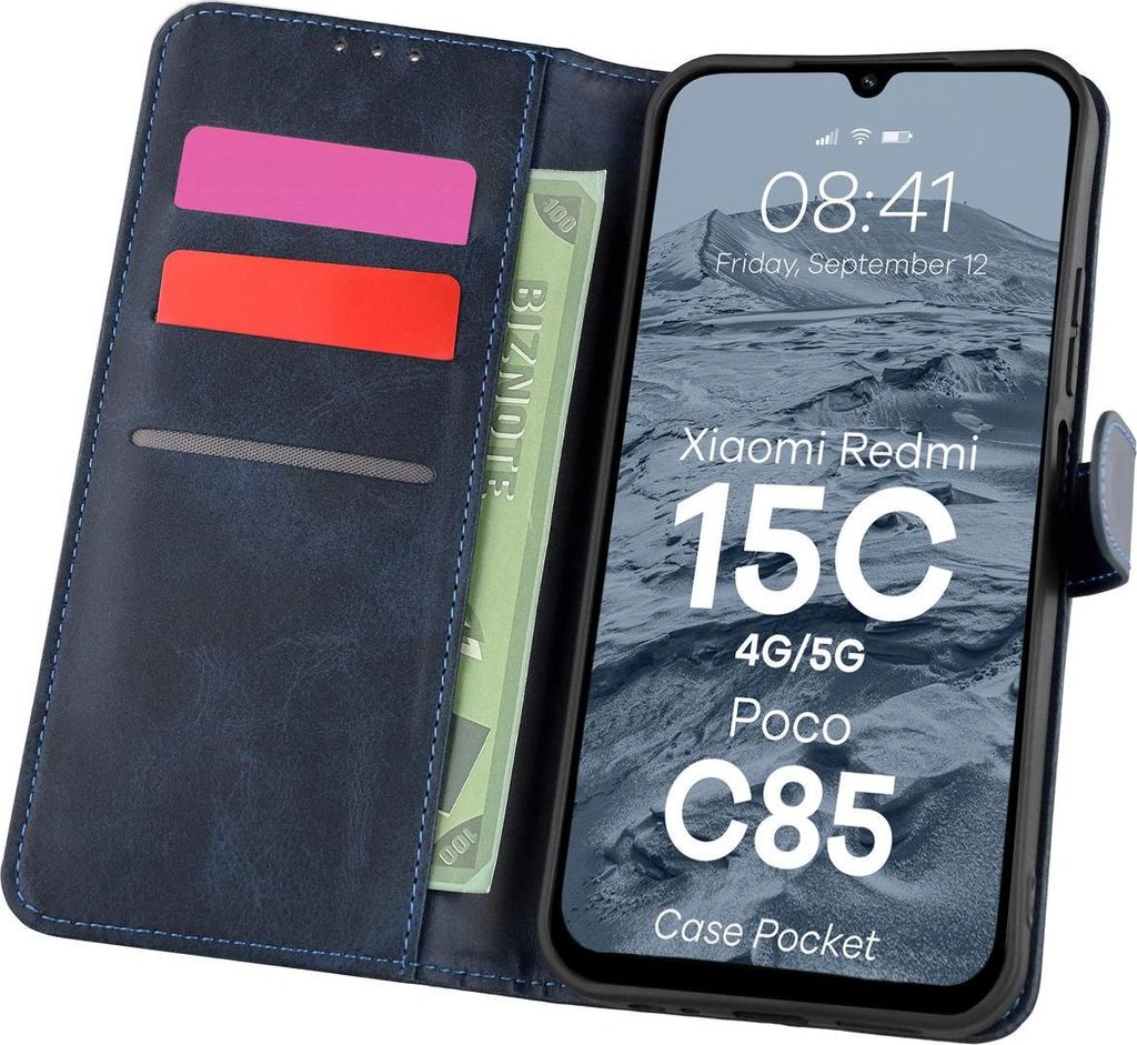 Handyhülle mit Klappe für Xiaomi Redmi 15C 4G/5G / Poco C85, Bizon Case Pocket, Dunkelblau