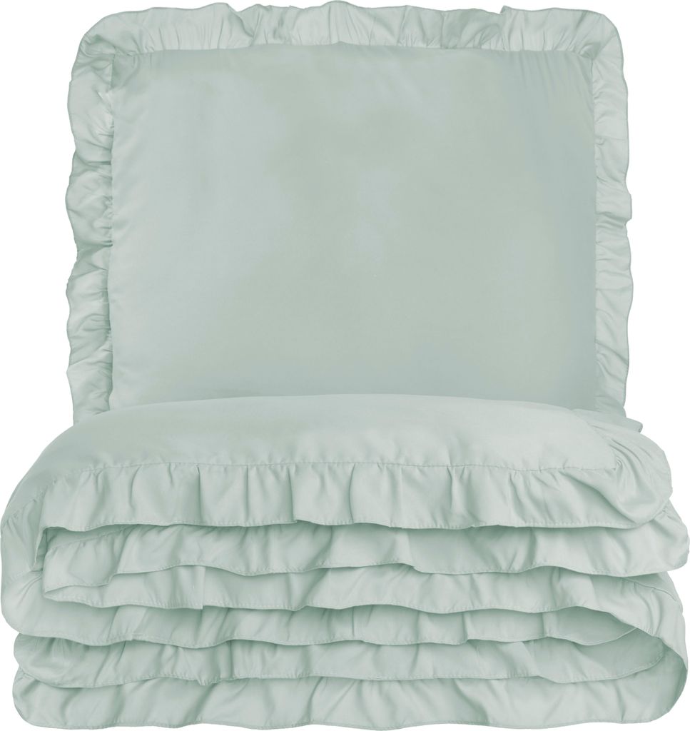 A stack of ruffled bedding in a light blue color.