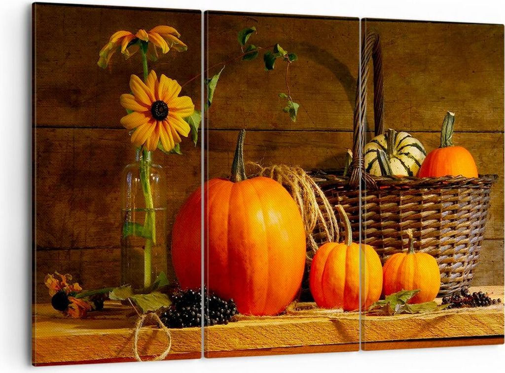 Bild auf Leinwand - Leinwandbild - Herbst Folk Tradition Kürbisse - 105x70cm - Wand Bild - Wanddeko - Leinwanddruck - Bilder - Kunstdruck - Wandde...