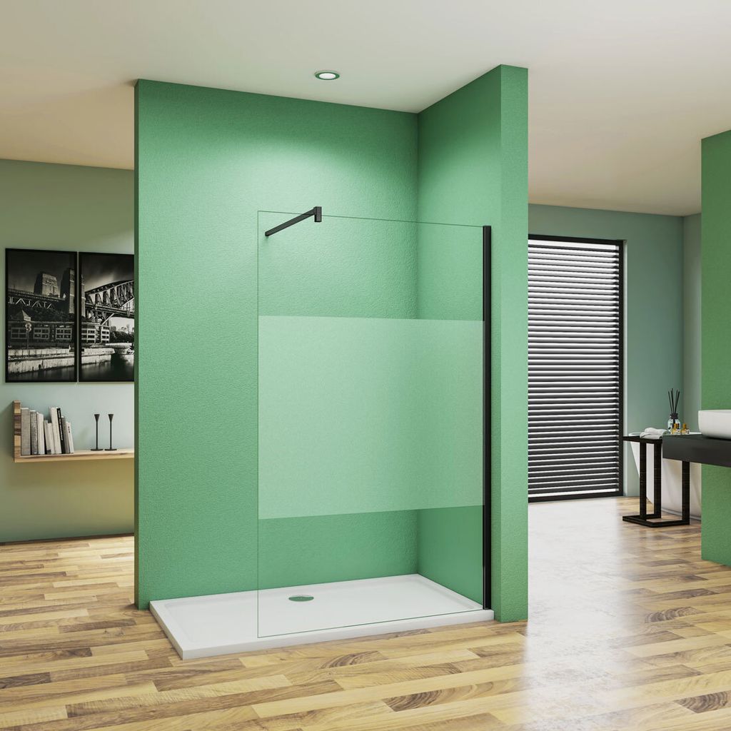 schwarz Walk in Duschwand 110x200cm Milchglasstreifen Duschabtrennung 10mm Nano ESG-Glas+90cm Stabilisator Duschkabinen