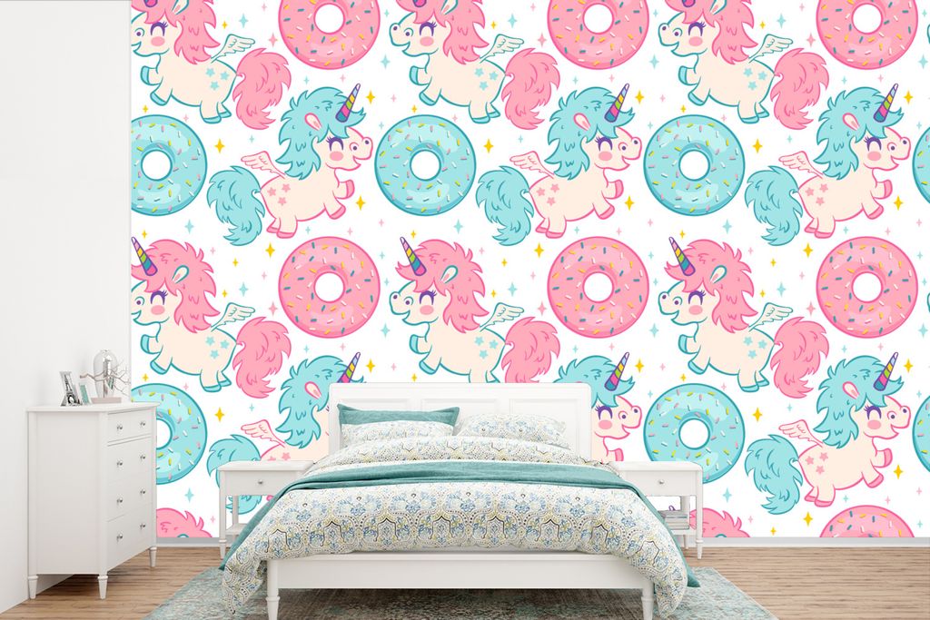MuchoWow Fototapete für Wohnzimmer oder Schlafzimmer Wandtapete Vinyl Motivtapete Einhorn - Donut - Baby - 330x220 cm - Fototapeten