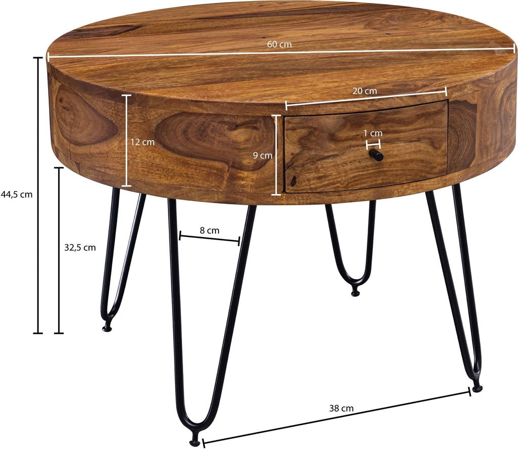 WOHNLING Couchtisch Sheesham Massivholz / Metall 60x44,5x60 Produktbild 4