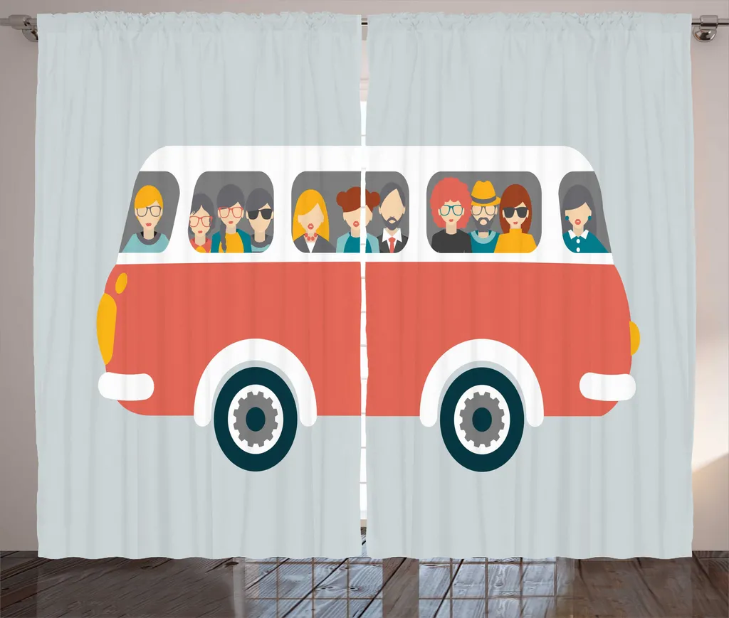 Grand Rideau de Voyage 280x225cm, Motif Bus Rétro pour Salon, ABAKUHAUS