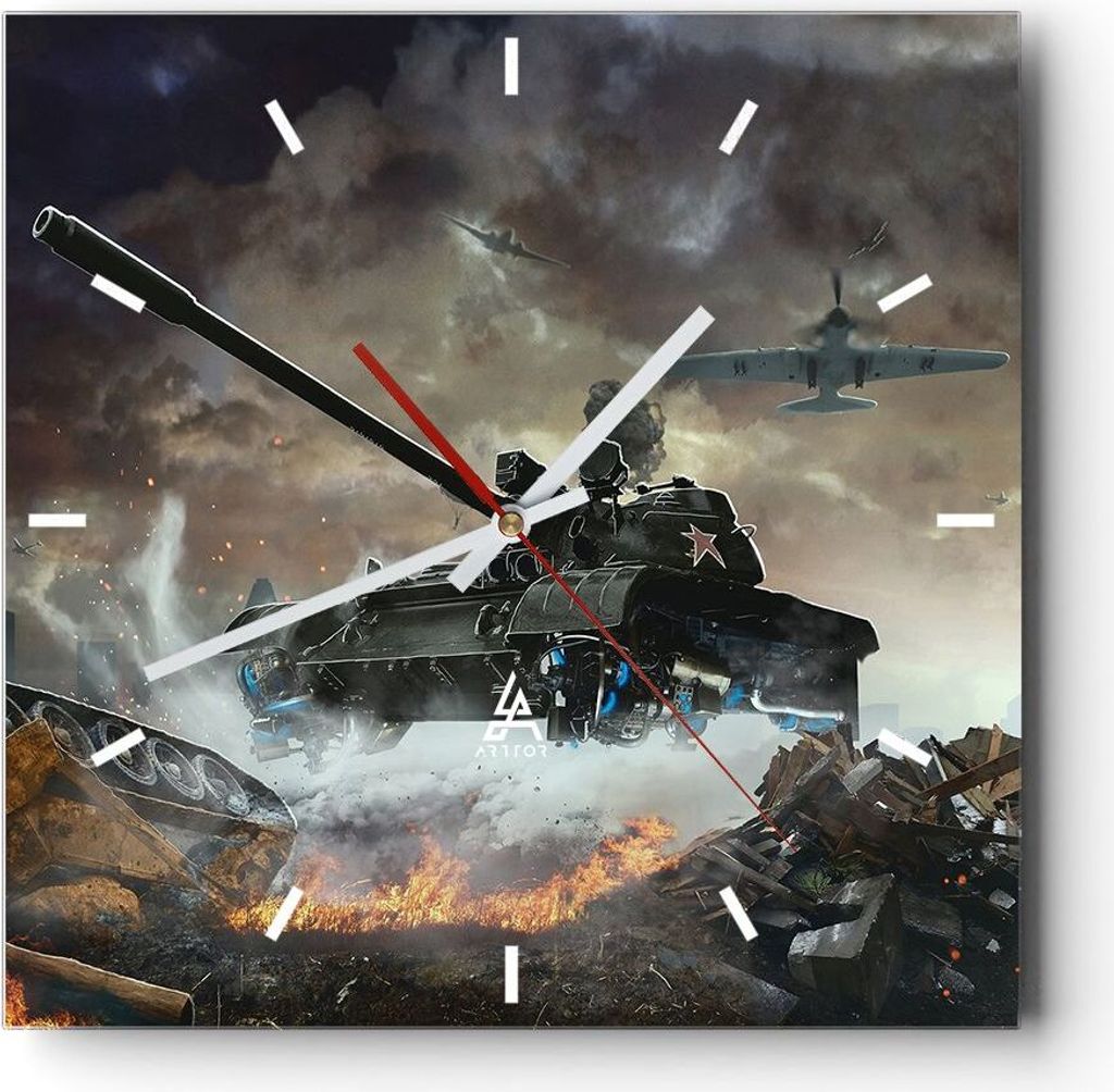 Wanduhr - Quadrat - Glasuhr - Krieg Panzer Airplain Schlacht - 30x30cm - Schleichendes Uhrwerk - Lautlos - zum Aufhängen bereit - Dekoration Moder...