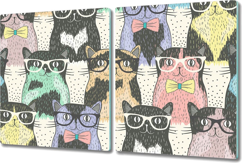 Herd-Abdeckplatte Glas Schneidebrett Ceranfeld-Abdeckung - 2x 40x52 cm - Katzen mit Brille