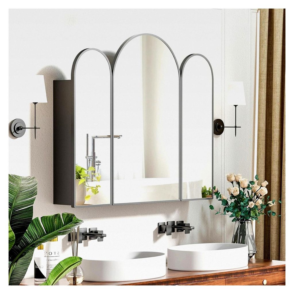 Spiegelschrank mit 3 Türen im Bogen-Design, Badezimmerschrank mit 3 Spiegeln, schwarzer Badspiegel mit Stauraum, modern, 3+2+3 Ablageflächen, Met...