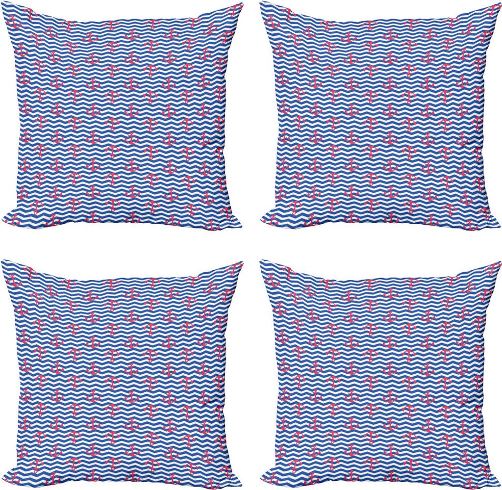 ABAKUHAUS Anker Kissenbezug Set (4 Stück), Anchors Slhouettes Waves, Moderner Doppelseitiger Digitaldruck, 50 cm x 50 cm, Blau Dunkel Coral Weiß