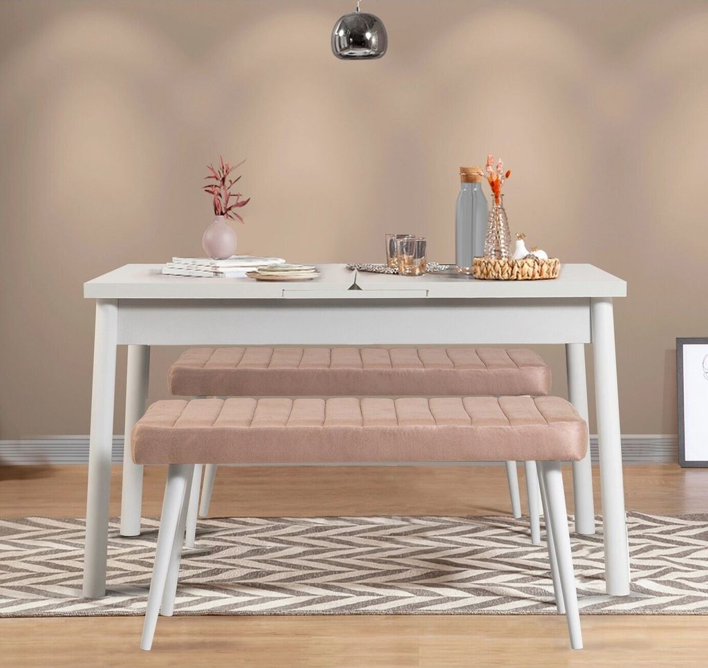 Skye Decor, Santiago 0900 - White, Stone, Ausziehbarer Esstisch und Bank-Set (3-teilig), Weiß, 100 % MELAMINBESCHICHTETE SPANPLATTEN, 75 x 120 x 7...