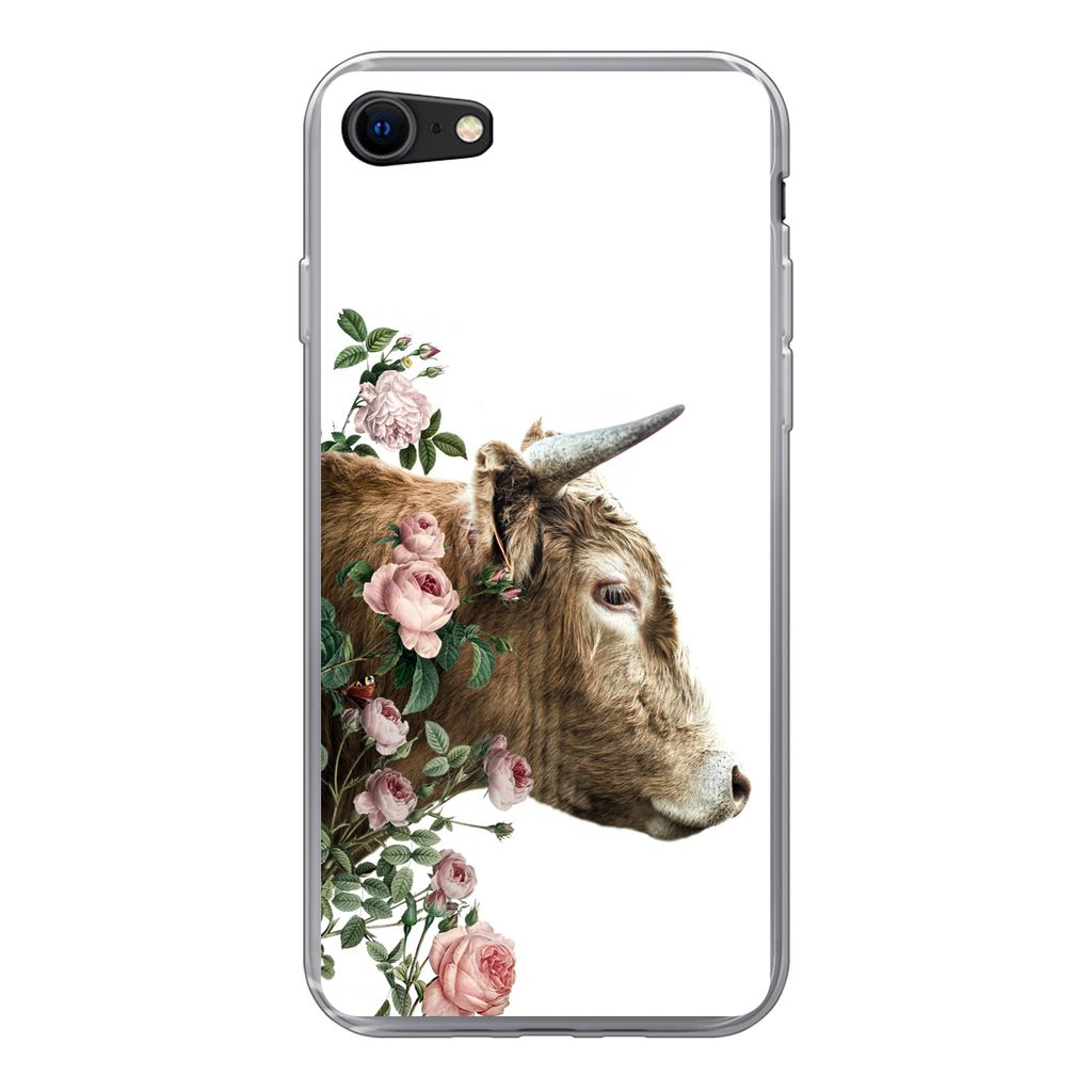 MuchoWow Handyhülle Schutzhülle Hülle für iPhone SE 2022 Schottischer Highlander - Kuh - Blumen Silikon Softcase Handy Hülle - Schutzhülle