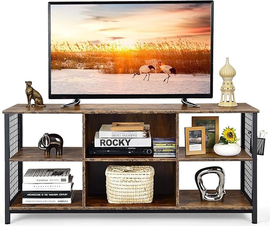 TV-Schrank, TV-Ständer für TV bis zu 65", 3-stufiger Fernsehtisch mit Aufbewahrungskorb & verstellbarem Regal & 2 Kabelführungslöchern, Braun