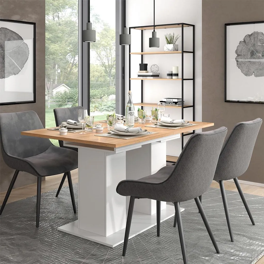 Table de salle à manger 180cm Vicco Dix décor Chêne blanc et accents Or
