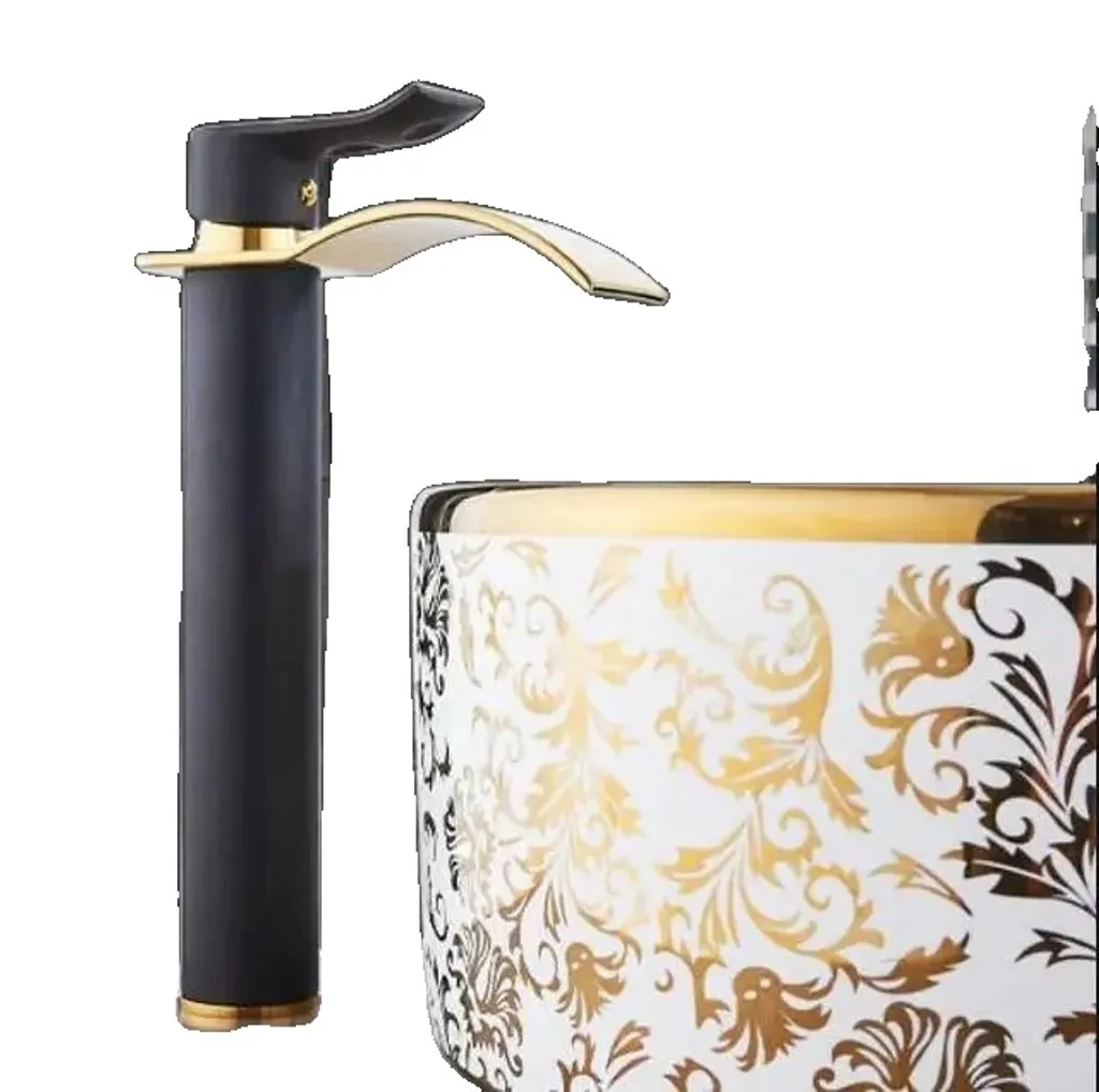 Rubinetto Cascata Nero Oro Ottone per Lavabo Moderno - Arredo Bagno