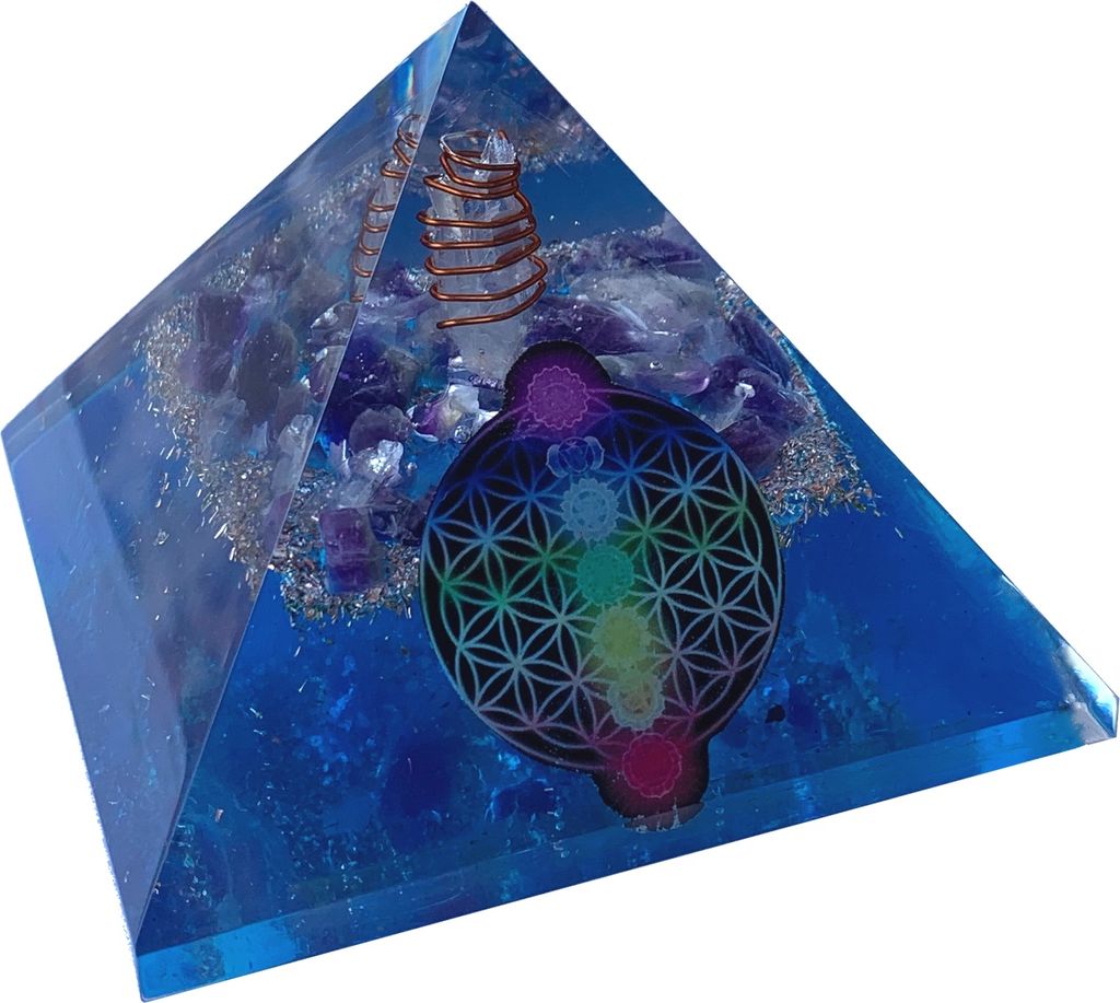 CHONIT Orgonit Pyramide, Chakra-Mix oezan blau mit Symbol Blume des Lebens, EMF-Schutz gegen Strahlung, groß mit Bergkristall als Deko für zu Hause