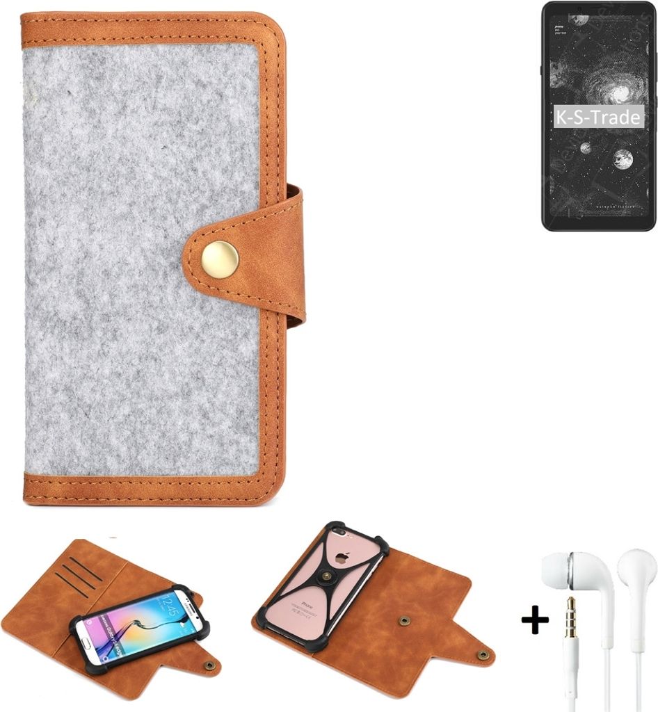 K-S-Trade Handyhülle + Kopfhörer kompatibel mit HiSense A5 Pro Schutzhülle Filz Hülle Kunstleder hellgrau braun (1x)