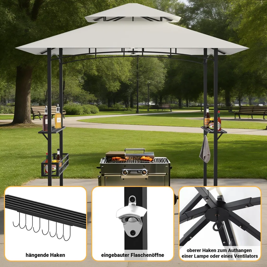 Kiosque de Barbecue Ikodm Double Toit Beige 238x148x250cm avec Crochets