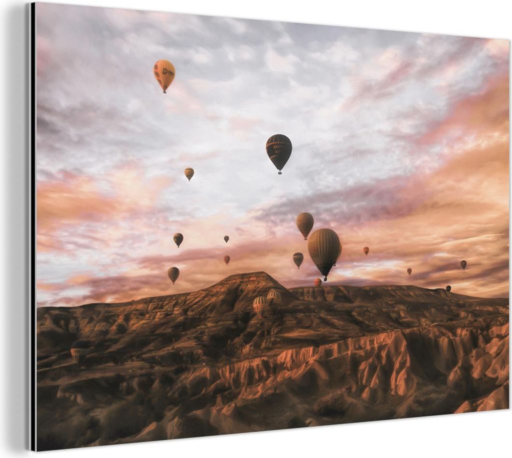 MuchoWow Wanddekoration Metall Metallbild Wandkunst 150x100 cm Landschaft - Heißluftballon - Berge - Braun MuchoWow Aluminium Gemälde - Alu Dibon...
