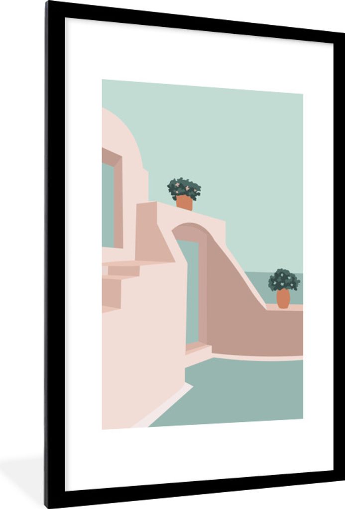 MuchoWow Gerahmtes Poster Haus - Sommer - Pastell 60x90 cm - Poster mit Schwarzem Bilderrahmen Wandposter Rahmen Foto Bilder - Dekoration - Wandp...