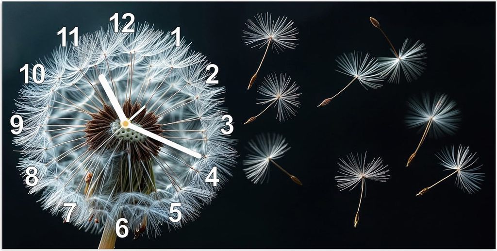 Wanduhr aus Glas mit Motiv Pusteblume im Wind- 60 x 30 cm - inkl. Aufhängesystem