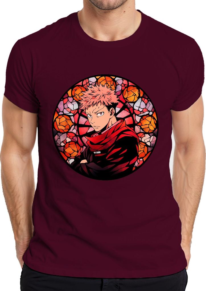 Itadori Jujutsu Kaisen Anime roter Schal Glasfenster Gothic Herren T-Shirt, Burgundy, 3XL