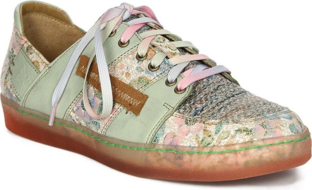 Damen Grüne Naturleder Schuhe mit Schnürverschluss, farbenfrohen Mustern und leichter Sohle