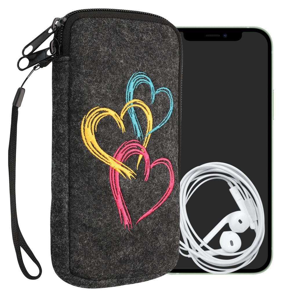 kwmobile Handytasche für Smartphones XL - 6,7/6,8" - Handy Filztasche - Pinsel Herzen Pink Orange Dunkelgrau - 17,2 x 8,4 cm Innenmaße