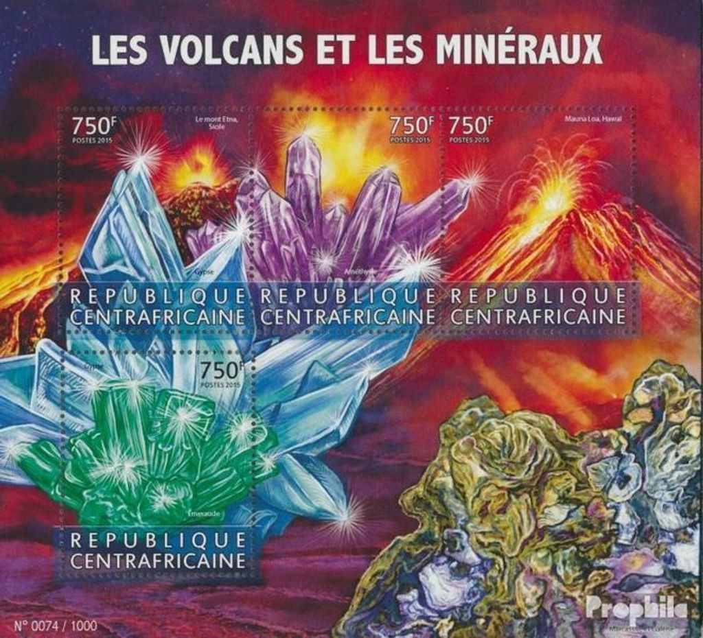 Briefmarken Zentralafrikanische Republik 2015 Mi 5820-5823 Kleinbogen (kompl. Ausgabe) postfrisch Vulkane und Mineralien