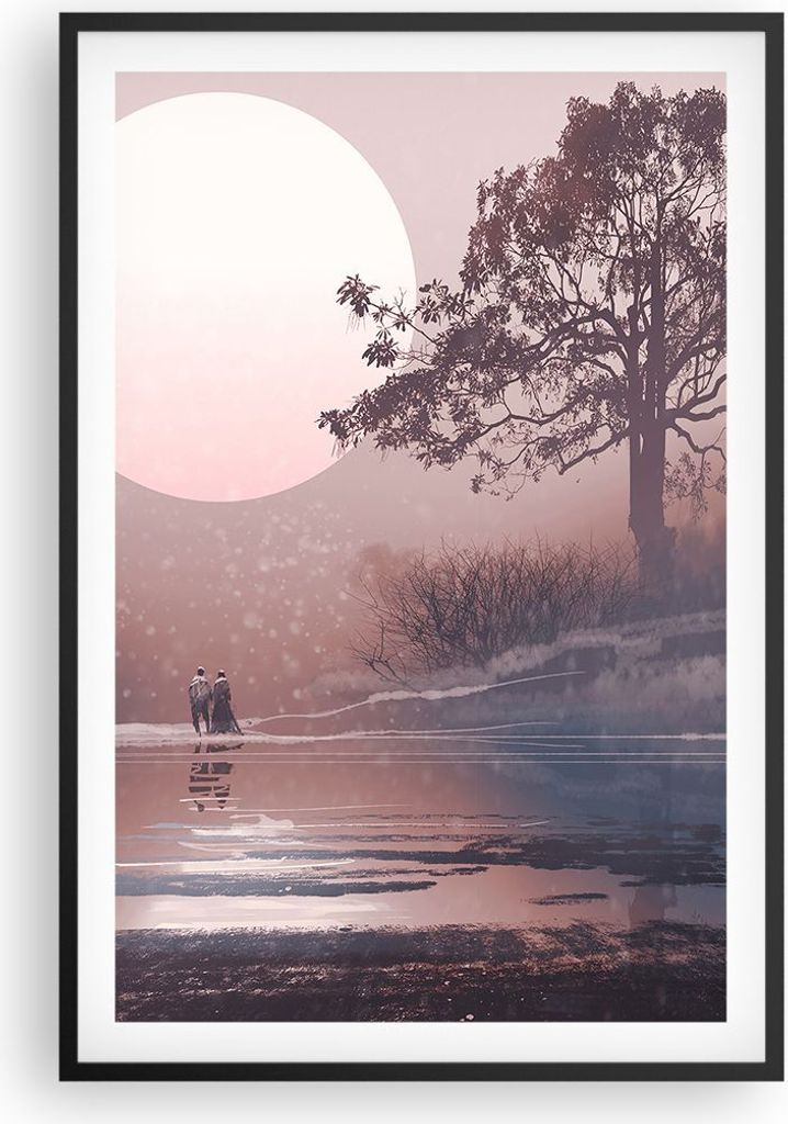 Gerahmtes Poster - Schwarzer Rahmen - Mond Paar Baum - 61x91,5 cm - Wand Bild - Wanddeko - Wandbilder - Kunstposter - Wandposter - Bilderrahmen - B...