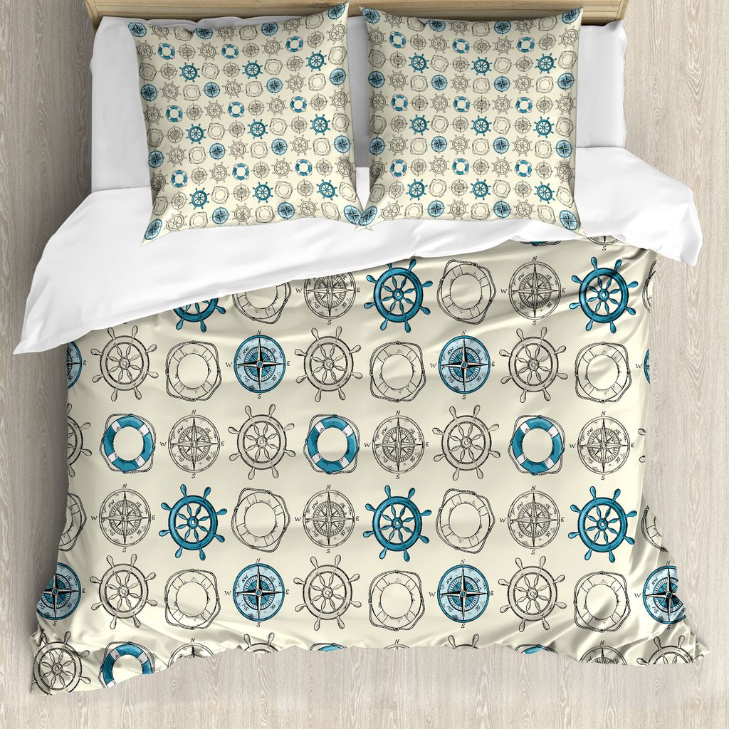 ABAKUHAUS Kompass Bettbezug, Marine Inspired Retro, Milbensicher Allergiker geeignet mit Kissenbezügen, 200 cm x 200 cm - 80 x 80 cm, beige Teal